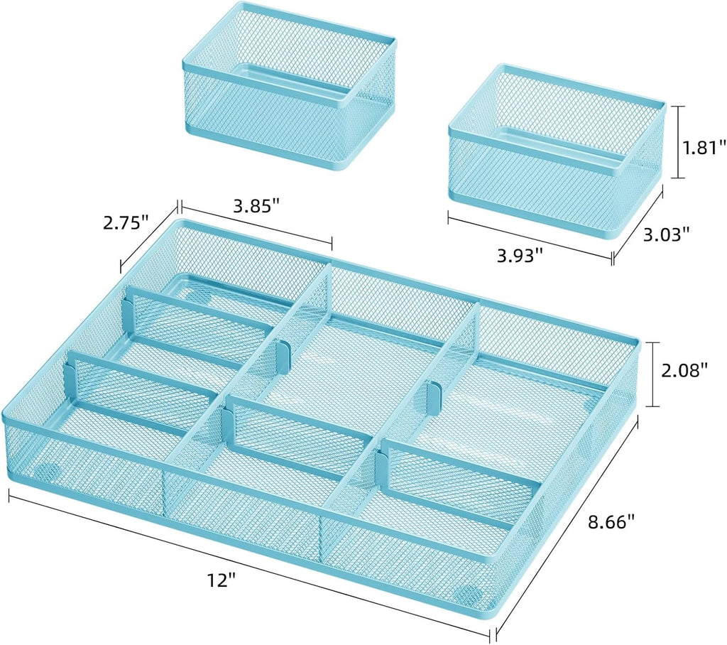 Marbrasse 3 Packs Desk Drawer Organizers, Metal Mesh Dividers with 9 Adjustable Compartments, Pen Organizer for Drawer Tray Box Accessories for Desktop,Kitchen, Makeup(Blue)