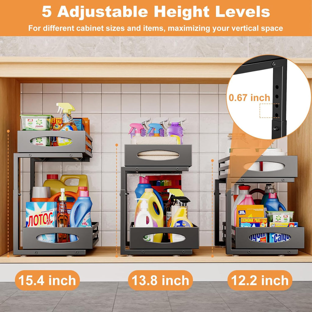 Under Sink Organizer, 2 Tier Under Sink Organizers and Storage, Adjustable Height, Slide out Metal Cabinet Organizers, Pull out Cabinet Storage Drawer Shelf for Kitchen Bathroom Black, 1 Pack