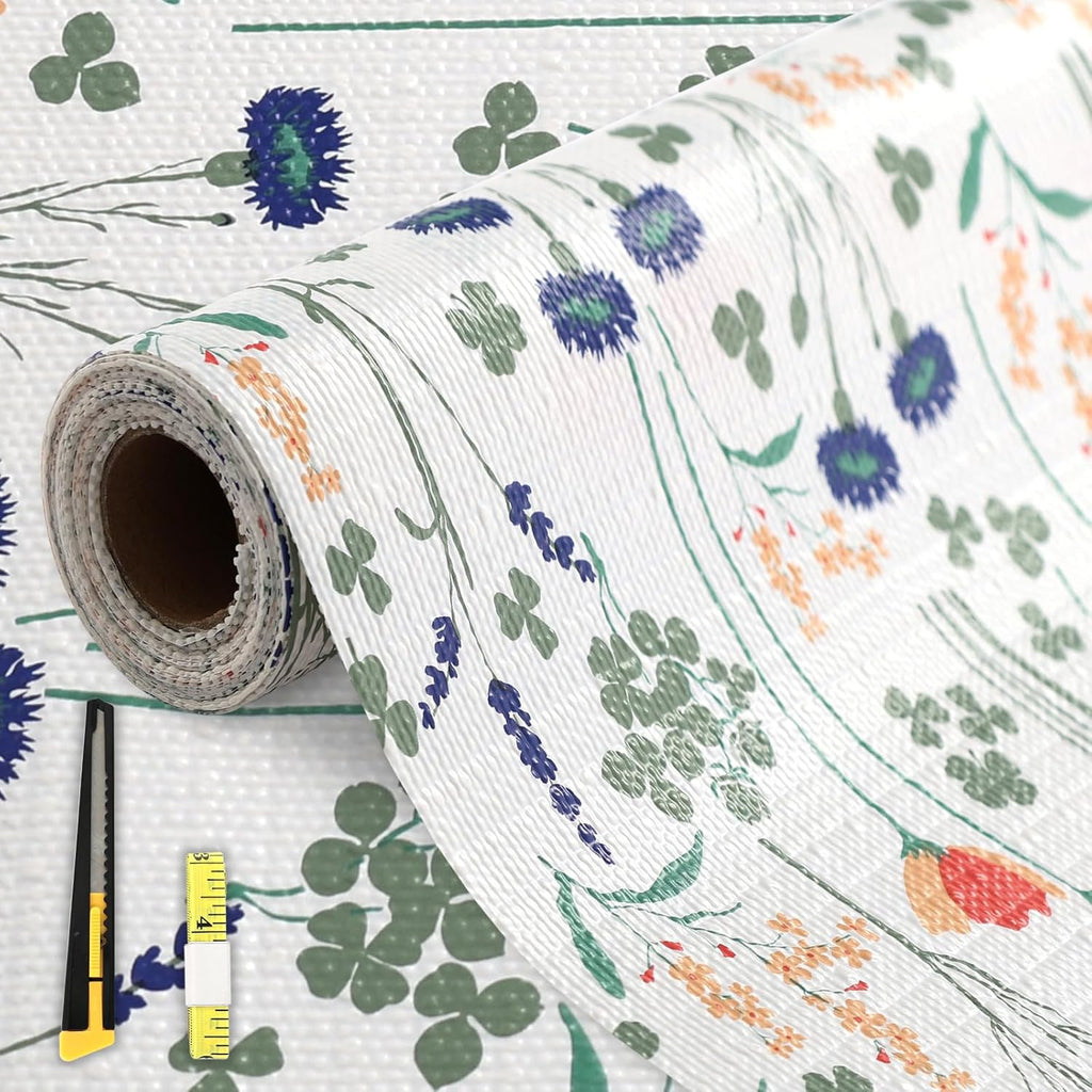 FINNEZ Shelf and Drawer Liner 12in x 20FT with Cutting Tool, Non Slip Non Adhesive Drawer Liners for Kitchen Cabinets, Waterproof Floral Cabinet Liner for Shelves, Refrigerator