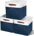 13in Open Fabric Storage Basket with Leather Handles for Organizing, Collapsible Linen Closet Bins for Shelves, Closets, Laundry, Decorative Basket for Gifts. (White＆Blue, 3PCS/13x13in)