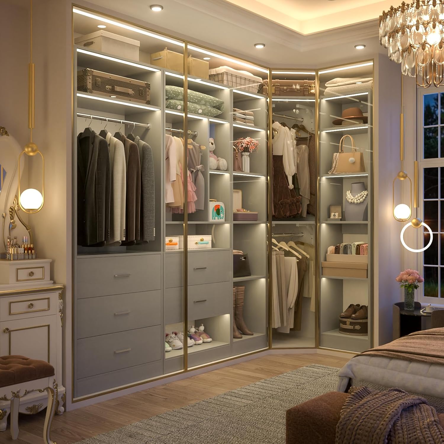 Corner Closet System with 5 Drawers, Closet Organizer System with 15+Shelvess & 4 Hanging Rods, 63.2"L * 63.2"W / 87.2"L * 39.2"W Reversible L Shaped Walk-in Closets, Load 2500+LBS, Grey