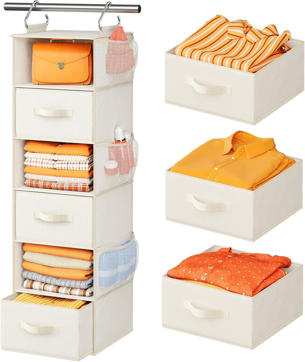 Pipishell Hanging Closet Organizer 6-Shelf, Hanging Shelves for Closet with 3 Removable Drawers & Side Pockets, Hanging Shelf Organizer for Bedroom or Garment Rack, 12'' x 12'' x 43.3'', White