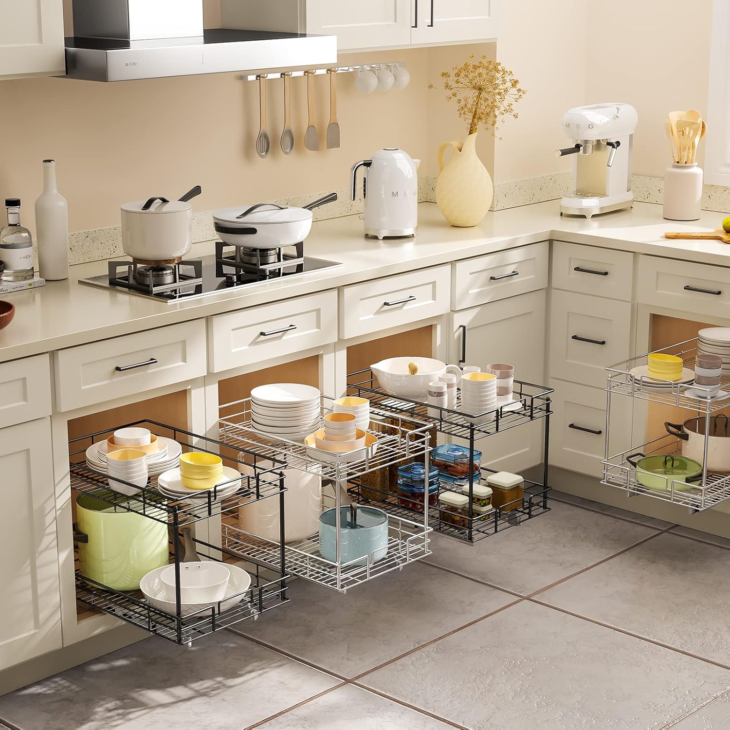 ROOMTEC Pull Out Cabinet Organizer, Kitchen Cabinet Organizer and Storage 2-Tier Cabinet Pull Out Shelves for Kitchen,Under Sink Organizers and Storage 14" W x 21" D Chrome