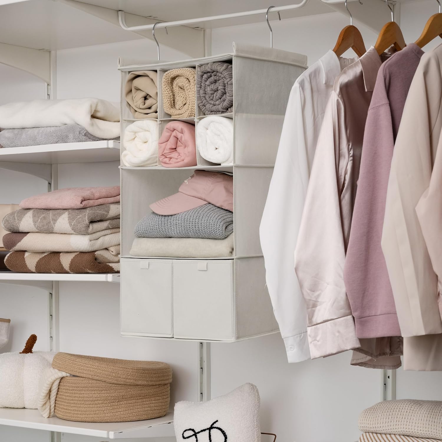 GRANNY SAYS Hanging Closet Organizer with Drawers, 4 Shelf Dividers Closet Hanging Organizer, Foldable Hanging Shelves for Clothes Organizer, Small Closet Organizers and Storage, Beige