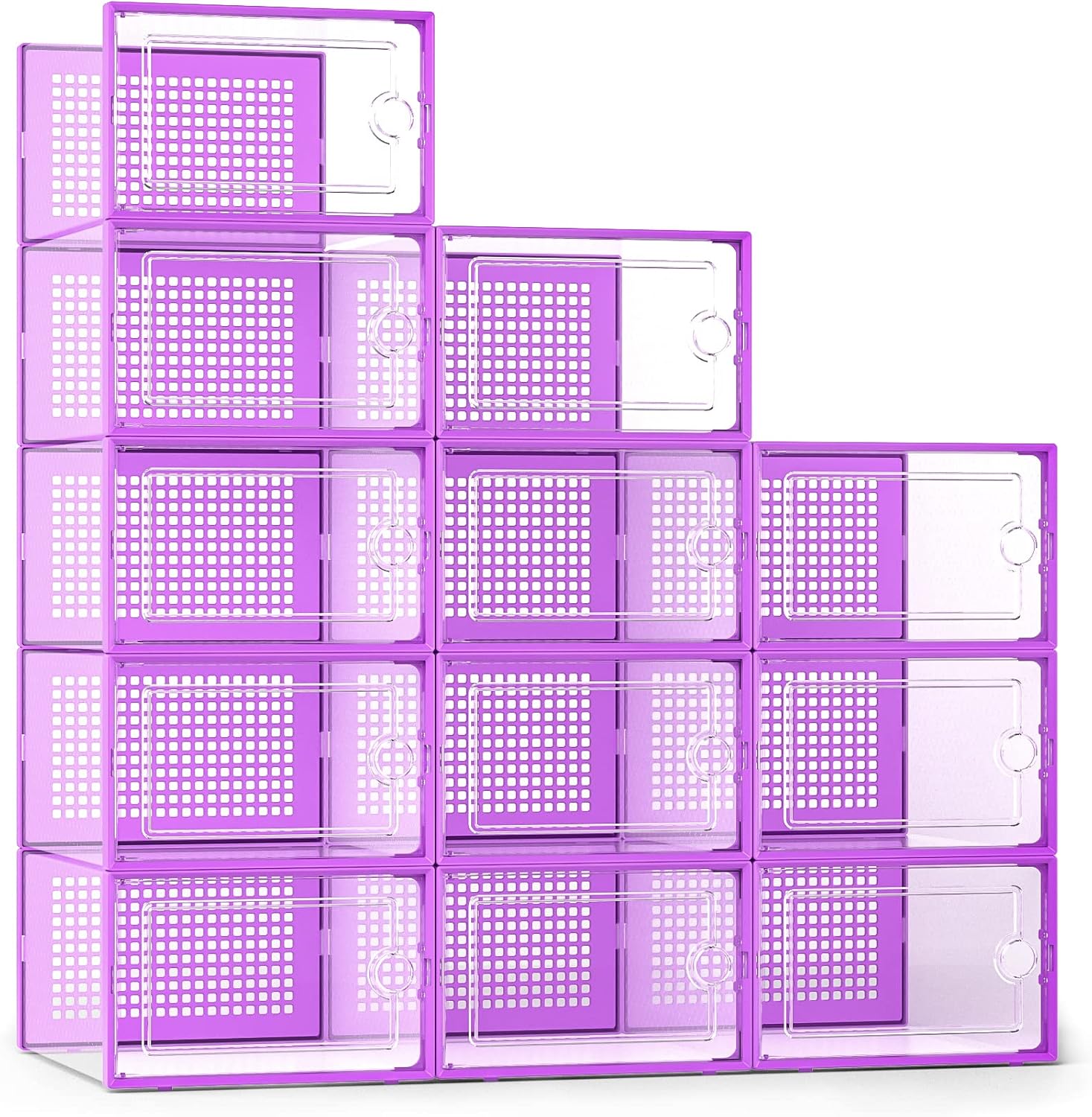 Kuject X-Large Shoe Storage Boxes Organizers Clear Plastic Stackable 12 Pack, Shoe Rack & Holder Substitute, Sneaker Containers, Toy Storage Organizer Bins for Entryway, Closet, Under Bed, Purple