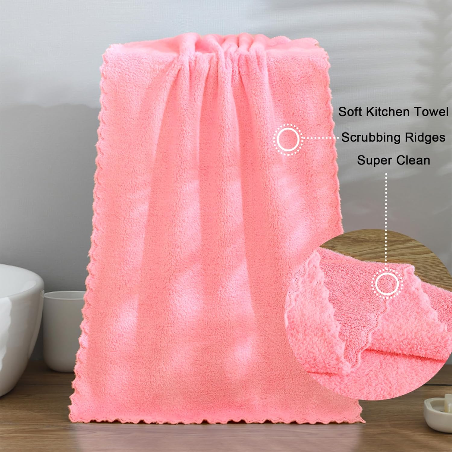 kimteny Kitchen Cloth Dish Towels, 13x28 Inches Premium Dishcloths, Super Absorbent Coral Velvet Microfiber Cleaning Cloths, Fast Drying Rags for Washing Dishes (13x28-12 Pack, Pink)