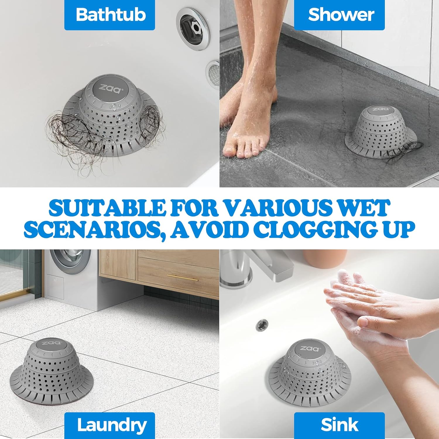 zaa Shower Drain Hair Catcher, 2 Pack Silicone Collapsible Bathtub Drain Cover Dog Hair Catcher & Protector for Pop-Up & Regular Drains of Shower, Bathtub, Tub, Bathroom, Diameter 4.5"