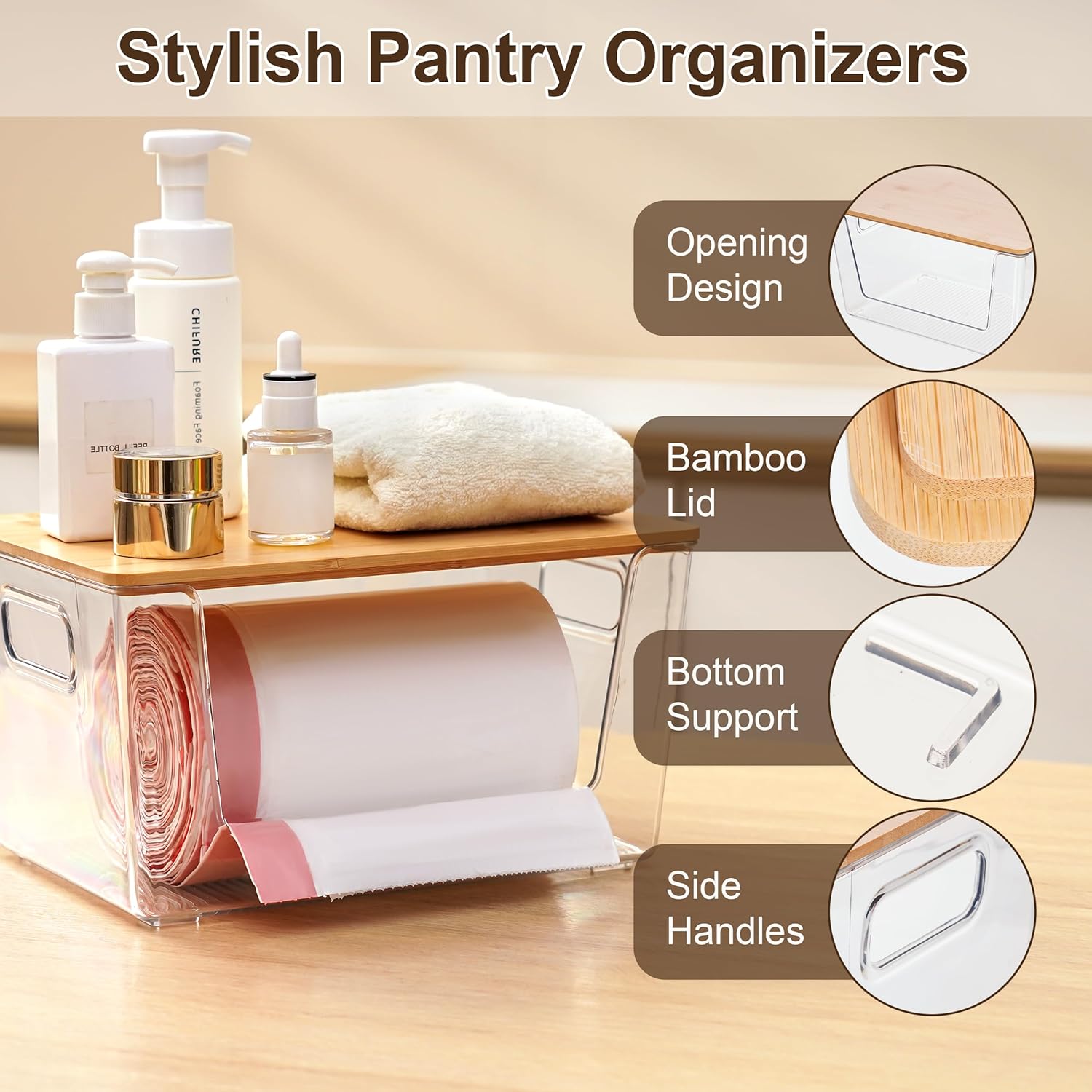 Citylife Stackable Storage with Bamboo Tops and Handles, Laundry Room Organization and Storage for Home, Kitchen, Under-Sink Garbage Bag Dispenser