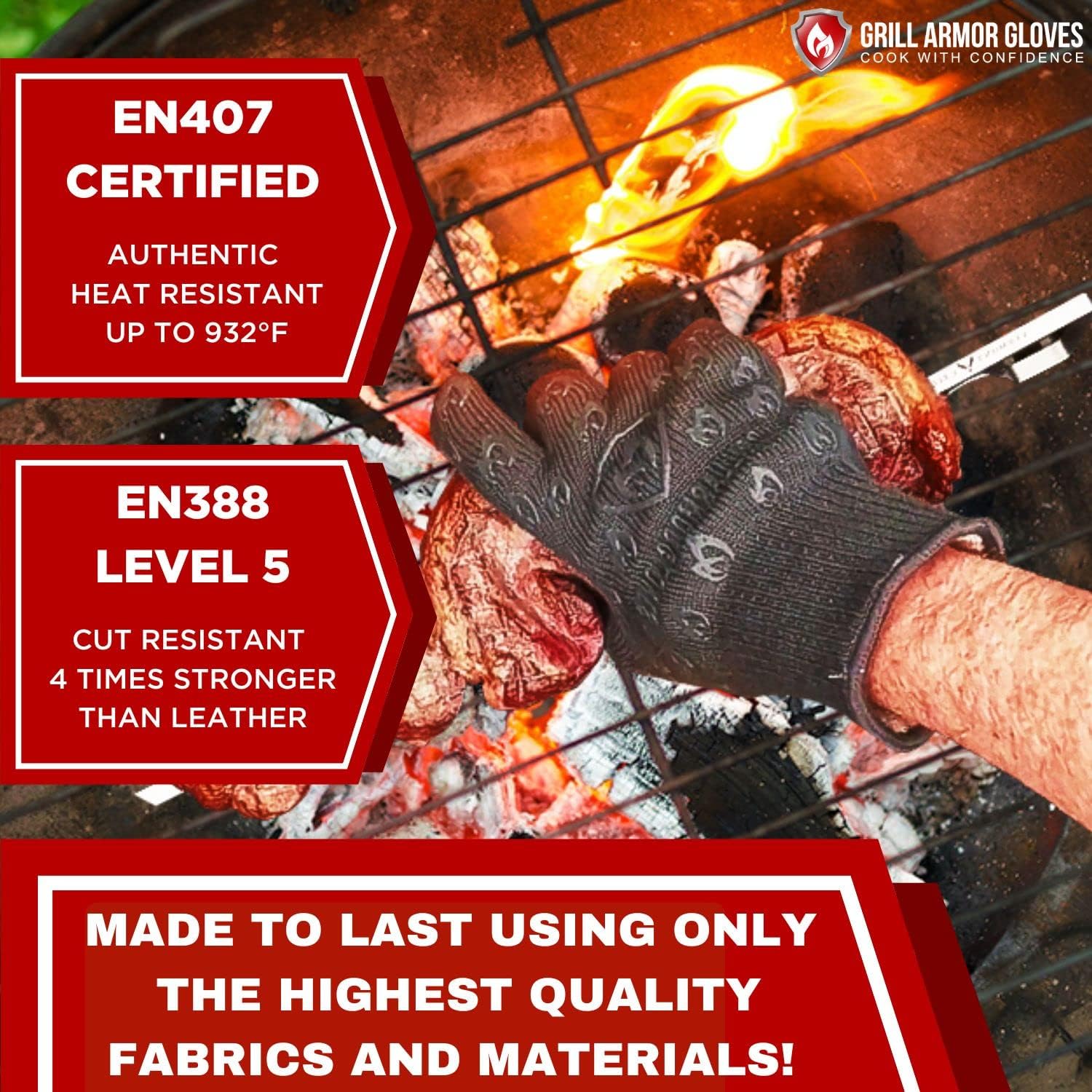 Grill Armor Oven Gloves 932°F Extreme Heat & Cut Resistant Oven Mitts with Fingers for BBQ, Cooking, Grilling, Baking – Accessory for Smoker, Cast Iron, Fire Pit, Camping, Fireplace, Griddle & More