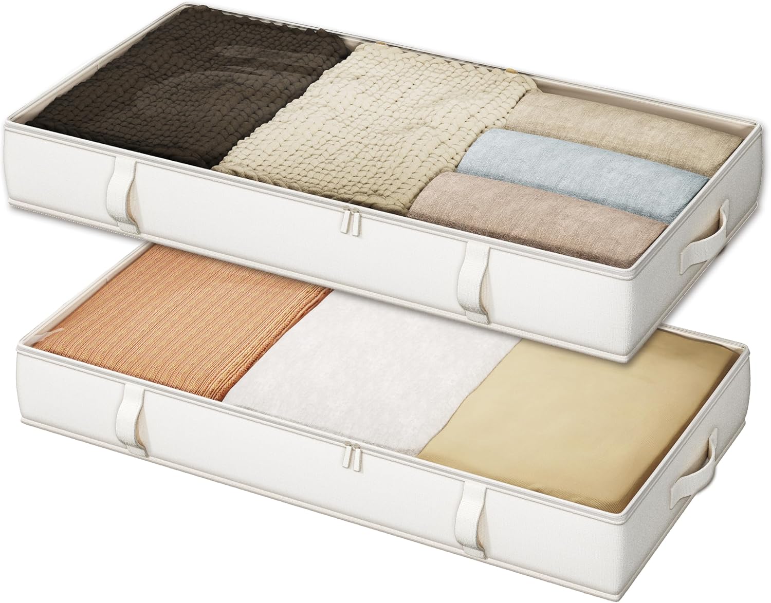 Vailando Under Bed Storage Containers, Underbed Storage Bins with 6 Inches Tall, Clothes Storage Box with Sturdy Handles and Sidewalls, Beige, 2-Pack
