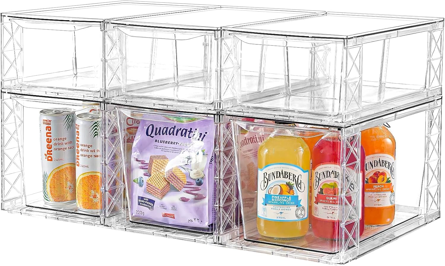 6Pack Pantry Organizers and Storage,Clear Stackable Kitchen Storage Organizer,Foods Organizer Bins with Handles, Easily Assemble for Bathroom, Kitchen, Refrigerator, Pantry, Cabinet, Closet