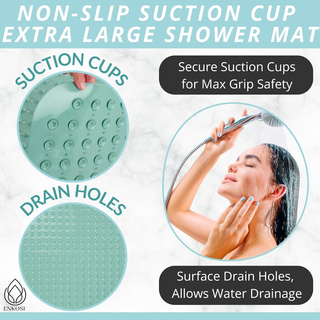 ENKOSI Extra Large Shower Mat Non Slip - 47 x 32 inch - XL Bathroom Shower Mat - Large Shower Matts for Shower Stall Floors - Secure Suction Cups and Drain Holes (47x32 Aqua Green)
