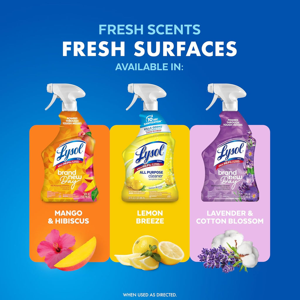Lysol All Purpose Cleaner Spray, Multi-Purpose Disinfecting Spray, Kitchen & Bathroom Cleaner, Lemon Breeze, Lavender, Mango 32oz (Pack of 4)