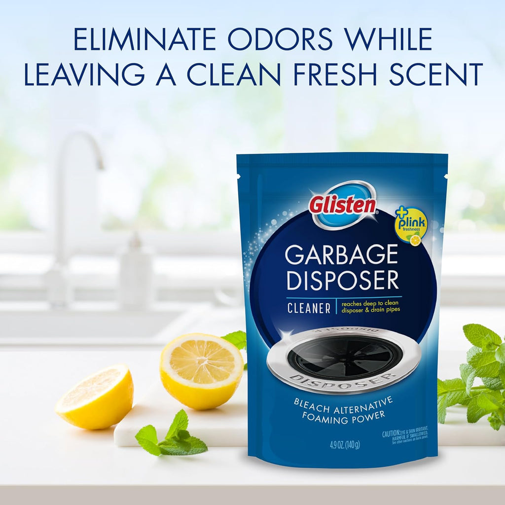 Glisten Garbage Disposer Cleaner and Freshener with Foaming Action, Helps Remove Buildup in Drains, Lemon Scent, Made in the USA, 16 Packets