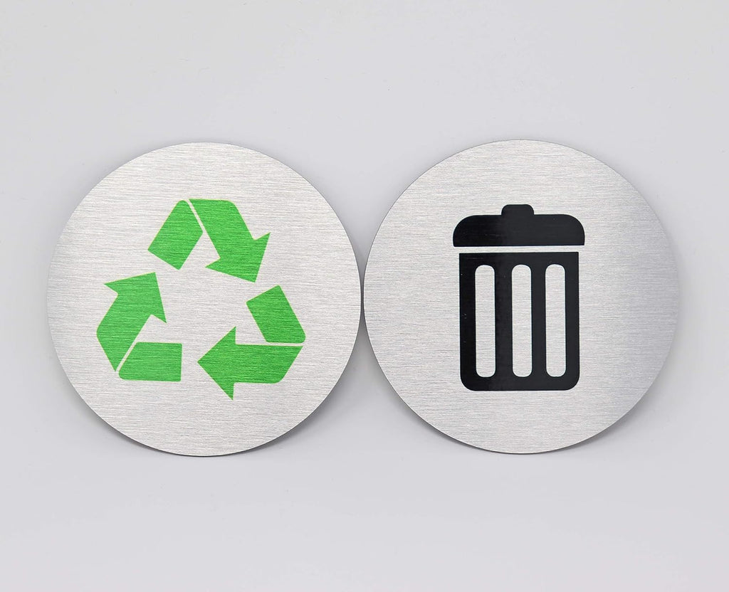 Metal Trash & Recycling Signs | Garbage & Recycling Bin Marker | Set of 2 - 1 Black Trash Sign & 1 Green Recycle Sign | 3" Round, Brushed Silver Aluminum Signs | Made in USA