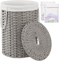 Laundry Basket with Lid Round Rattan Laundry Hamper with Lid and Handles 29.1 Gal (110 L) Handwoven Woven Basket with Removable Bags and 2 Mesh Bags for Bathroom Living Room Gray