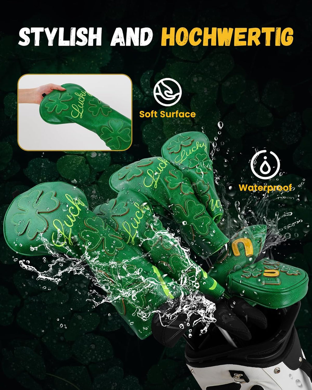 Golf Headcovers Golf Club Head Covers Four Leaf Clover Good Luck Charm - Clover Style Premium Leather Driver Fairway(FW) Wood Hybrid(UT) with Number Tags