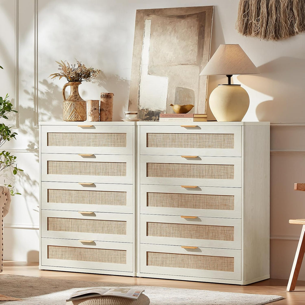 LEYAOYAO White Dresser for Bedroom, 41" Tall Chest of Drawers, Modern 5 Drawers Boho Rattan Dressers with Storage, Dresser Wooden Closet Organizer for Living Room, Hallway