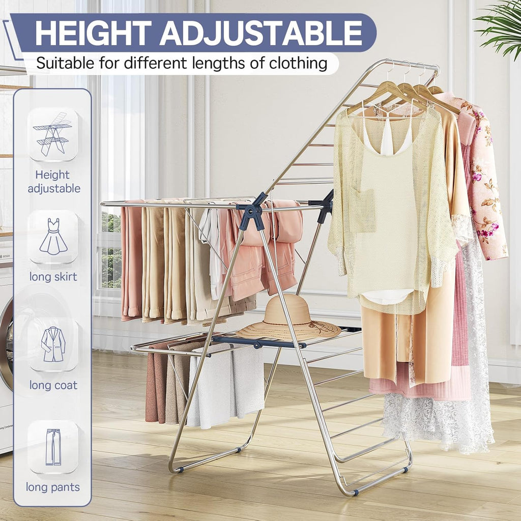 APEXCHASER Clothes Drying Rack with 4 Wings, Stainless Steel Drying Rack Clothing with Height-Adjustable, Foldable Gullwings Laundry Drying Rack, Indoor Outdoor Use, No Assembly, Blue