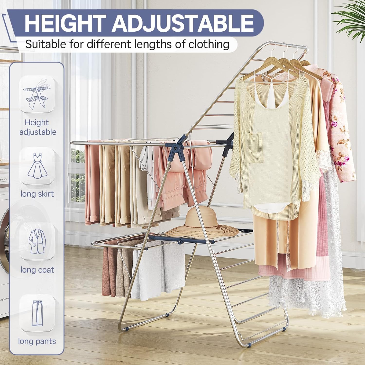 APEXCHASER Clothes Drying Rack with 4 Wings, Stainless Steel Drying Rack Clothing with Height-Adjustable, Foldable Gullwings Laundry Drying Rack, Indoor Outdoor Use, No Assembly, Blue