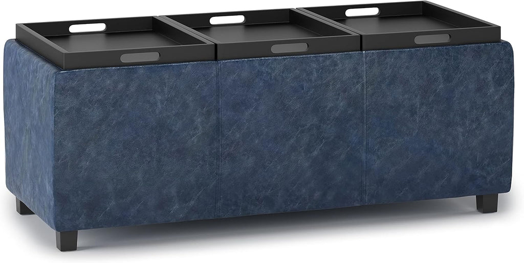 SIMPLIHOME Avalon 42 inch Wide Contemporary Rectangle Storage Ottoman in Denim Blue Vegan Faux Leather, Assembled, for the Living Room, Entryway and Family Room