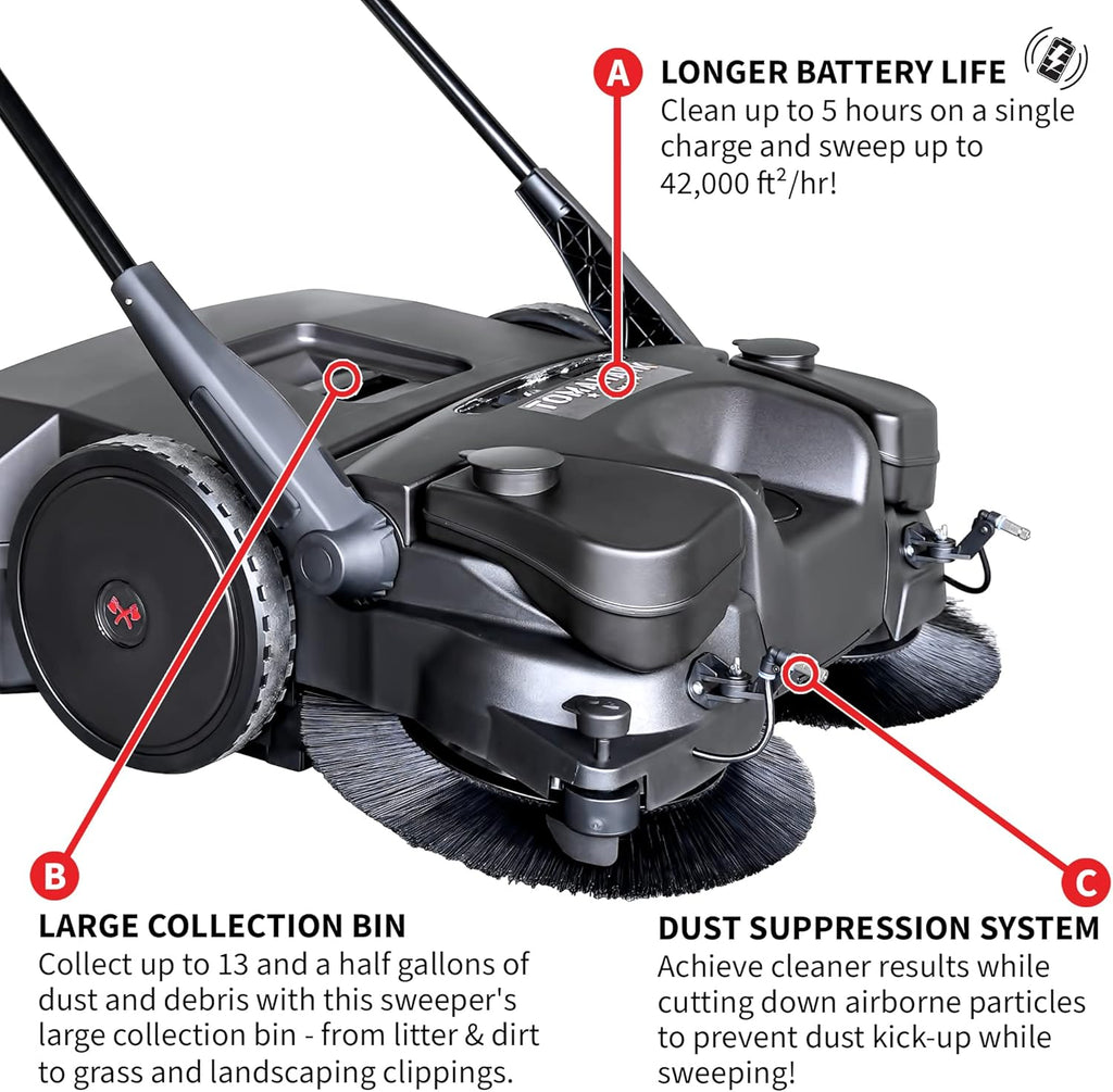 30" Battery Powered Push Sweeper with Triple Power Brooms Electric Drive and Dust Suppression (30" Sweeper)
