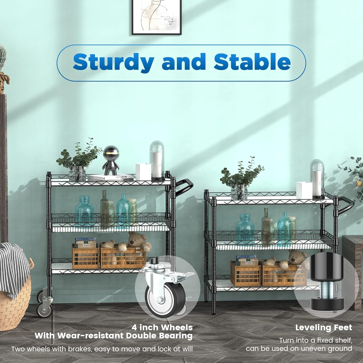 Leteuke 3 Tier Rolling Carts with Wheels,990Lbs Heavy Duty Rolling Utility Cart,NSF Commercial Grade Metal Cart with Handle&Shelf Liner,Trolley Serving Cart for Kitchen,Restaurant,Plant Display,Black