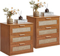 LEYAOYAO Rattan Night Stand Set of 2 with Drawers, 23" Large 3 Drawer Boho Nightstand, Natural Wood Bedside Table Storage Cabinet, Bed Side End Tables Dresser for Bedroom, Living Room, Hallway, Closet