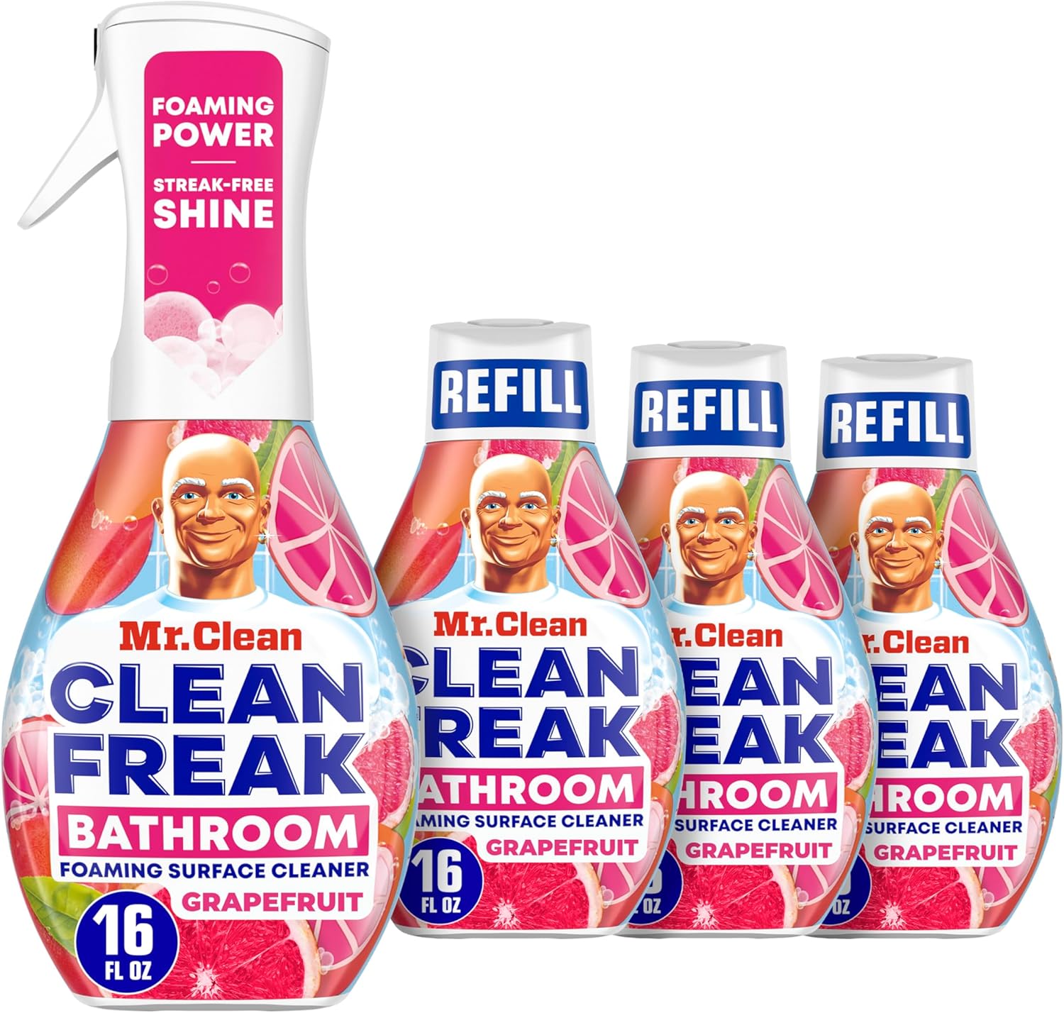 Mr. Clean Clean Freak Foaming Bathroom Surface Cleaner Multi-Surface Spray Starter Kit and Refill Bundle, Grapefruit Scent, 64 fl oz