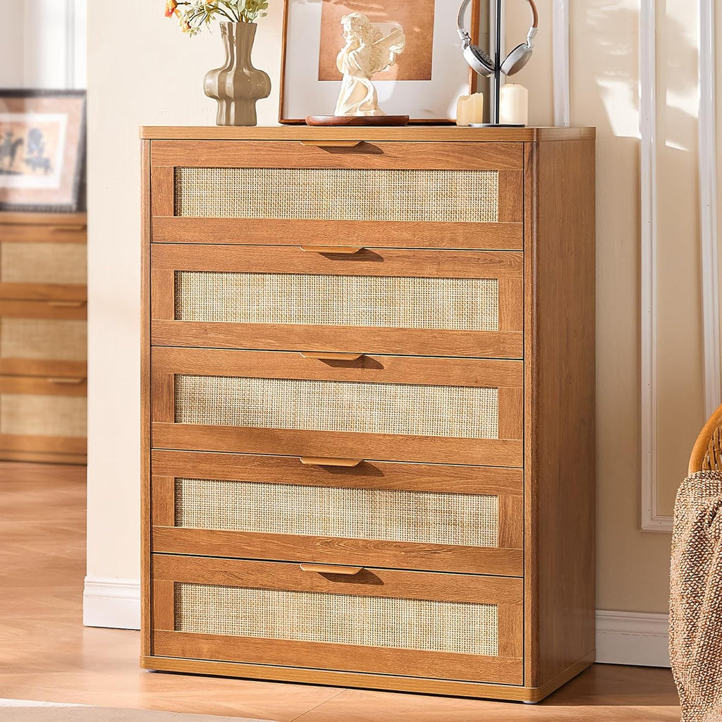 LEYAOYAO Dresser for Bedroom, 41" Tall Chest of Drawers, Modern 5 Drawers Boho Rattan Dressers with Storage, Dresser Wooden Closet Organizer for Living Room, Hallway, Tea Brown