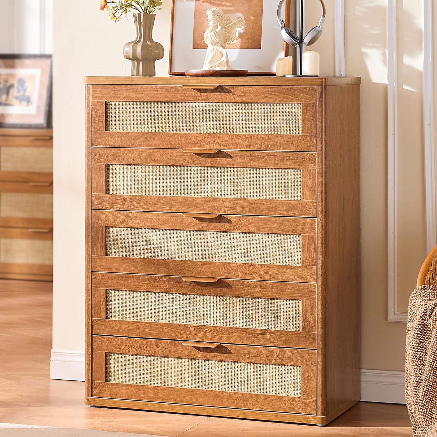 LEYAOYAO Dresser for Bedroom, 41" Tall Chest of Drawers, Modern 5 Drawers Boho Rattan Dressers with Storage, Dresser Wooden Closet Organizer for Living Room, Hallway, Tea Brown