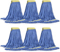 Matthew Cleaning Commercial Mop Head Replacement, 5 Inch Wide Headband, Looped End Cotton Blend String Wet Mops for Floor Cleaning, 24 oz Large, 6-Pack Blue
