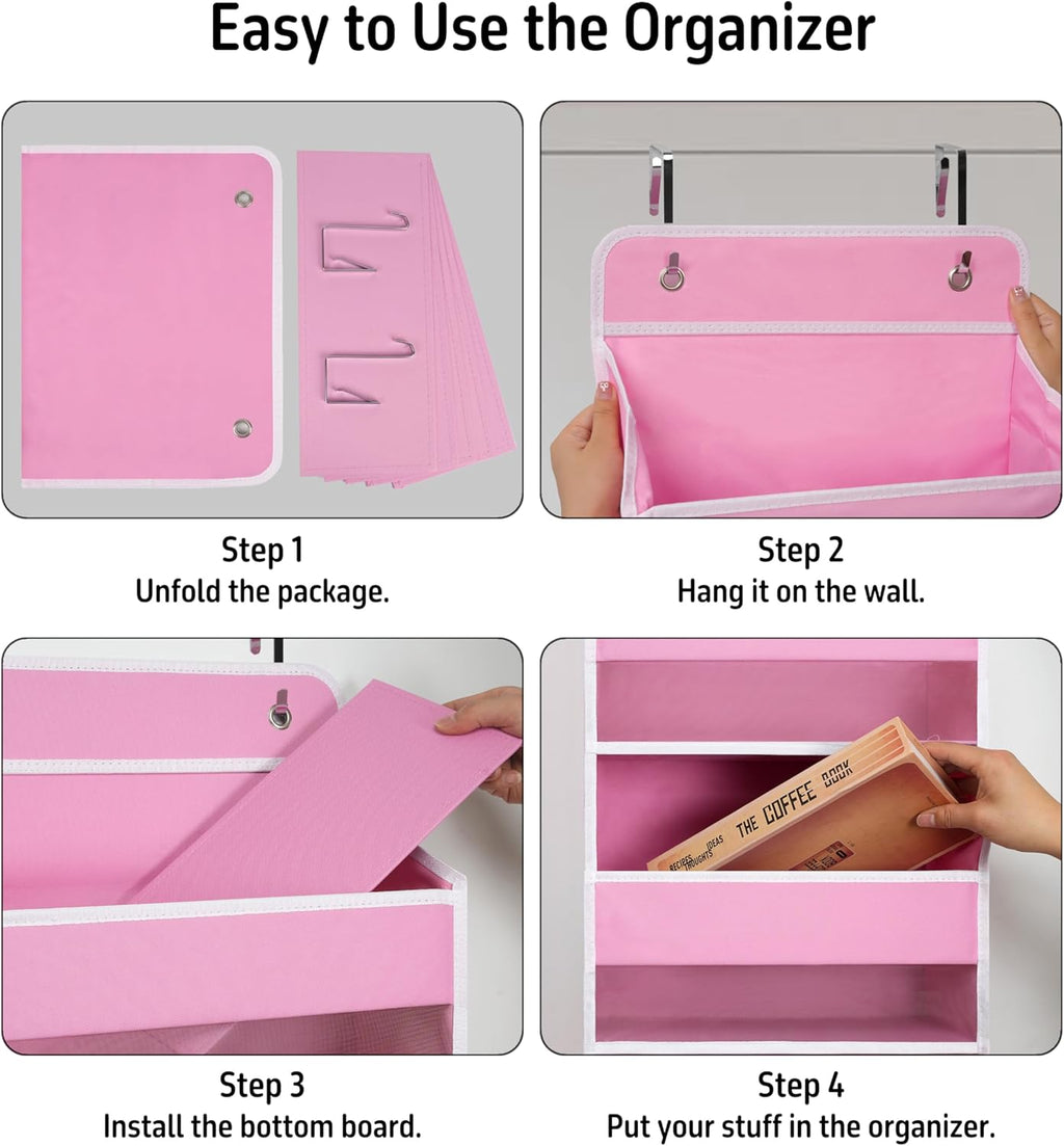 Over The Door Hanging Organizer with 4 Large Pockets – Closet, Bathroom, Nursery, Bedroom, Dorm Storage for Toys, Cosmetics, and Baby Essentials, Pink