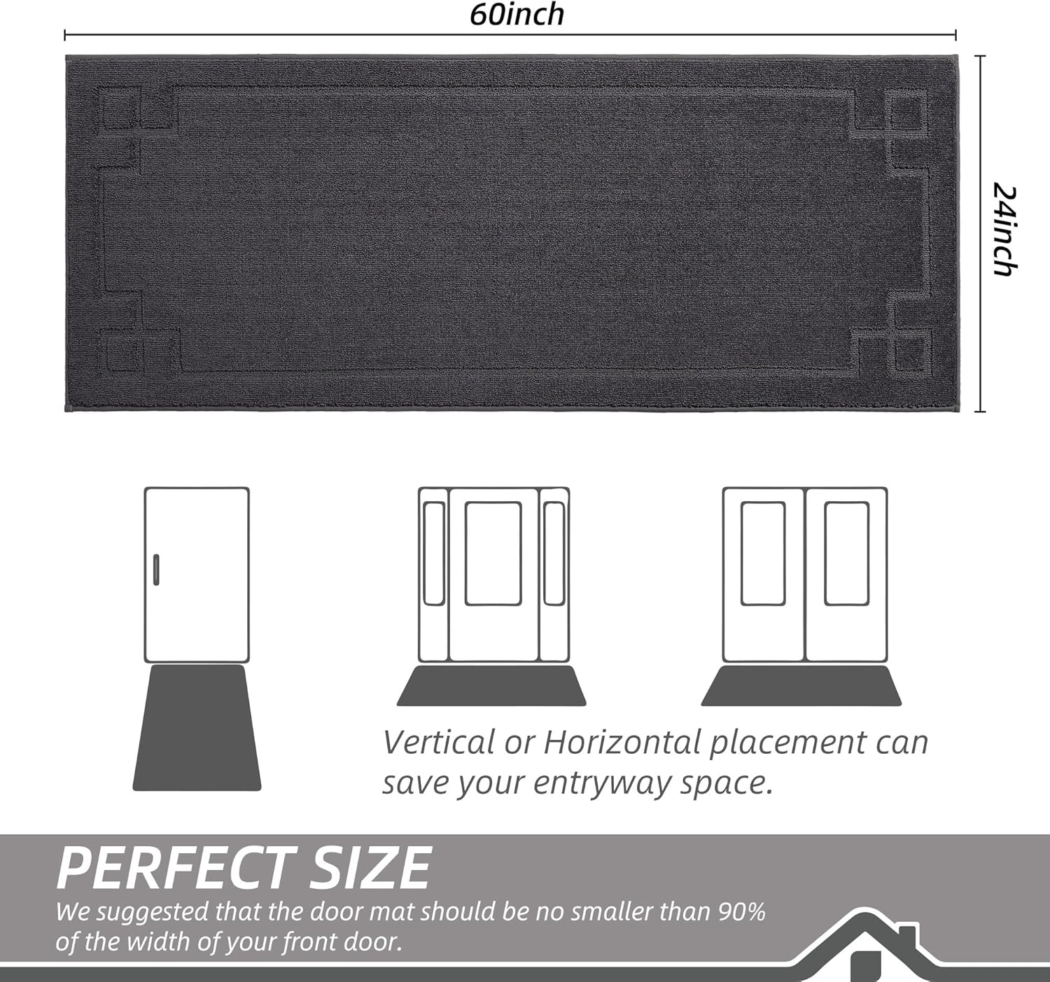 BEQHAUSE Door Mat 24" x 60", Non-Slip Door Mats Indoor Entryway Rugs Washable Low-Profile Absorbent and Stain Resist Floor Mats, Dog Door Mat for Front Back Door, Muddy Wet Shoes & Paws, Dark Grey