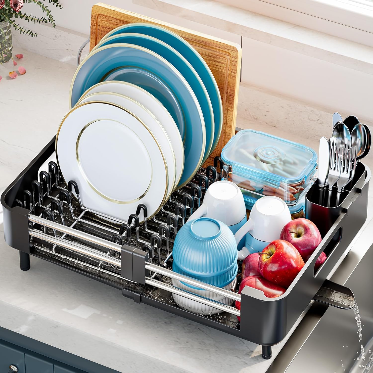 Dish Drying Rack for Kitchen Counter, Extendable Dish Rack with Drainboard, Collapsible Dish Drainer, Expandable Dish Strainer with Cutlery Holder, Foldable Home Countertop Plate Storage Rack, Black