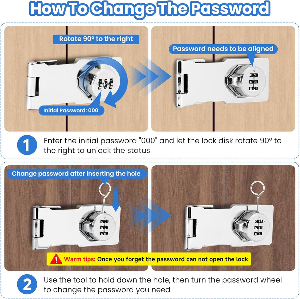 Keyless Cabinet Lock with Combination Code - 3-Digit Password Hasp Latch Lock for Drawers, Bifold Closet Door and Double Sided Door (Silver, 4.5 Inch)