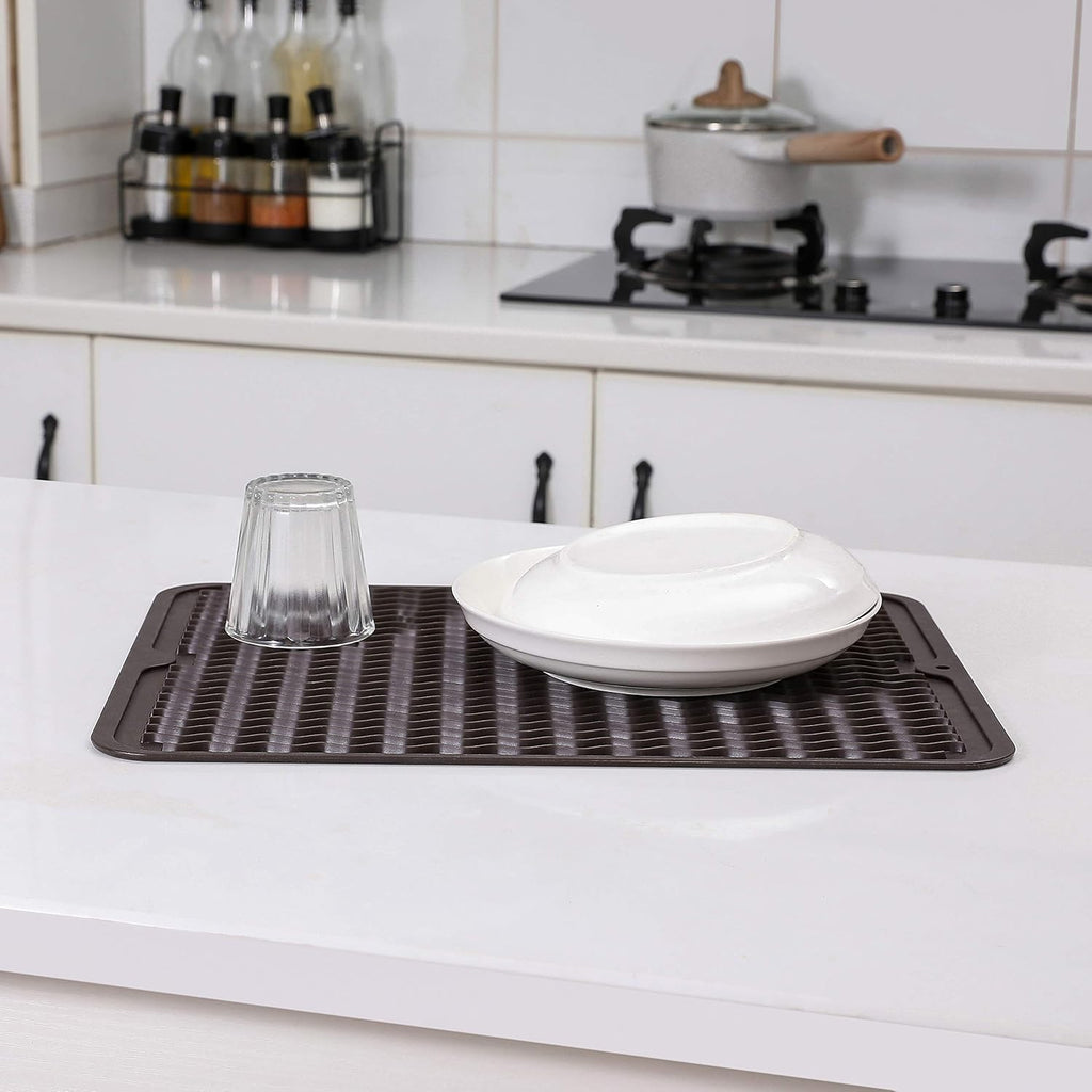 Silicone Dish Drying Mat for Multiple Usage,Easy clean,Eco-friendly,Heat-resistant Silicone Mat for Kitchen Counter or Sink,Refrigerator or drawer liner Coffee L 16 inches x 12 inches