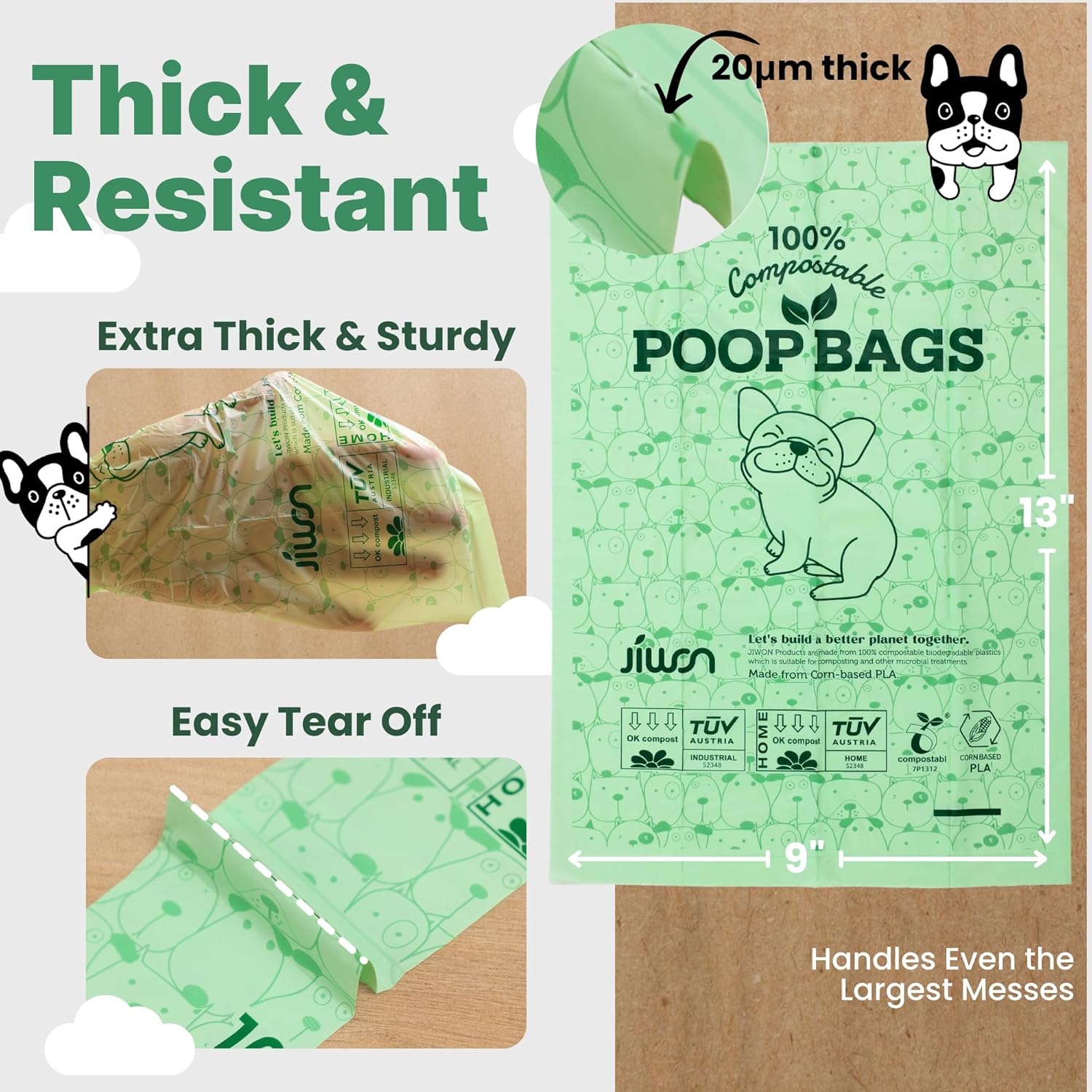 JIWON 100% Certified Home Compostable Dog Poop Bags, 240 Count (16 Rolls), 9"x13", OK Compost & Seedling, Thick & Leakproof, Plant Based Compostable Waste Bags, Unscented