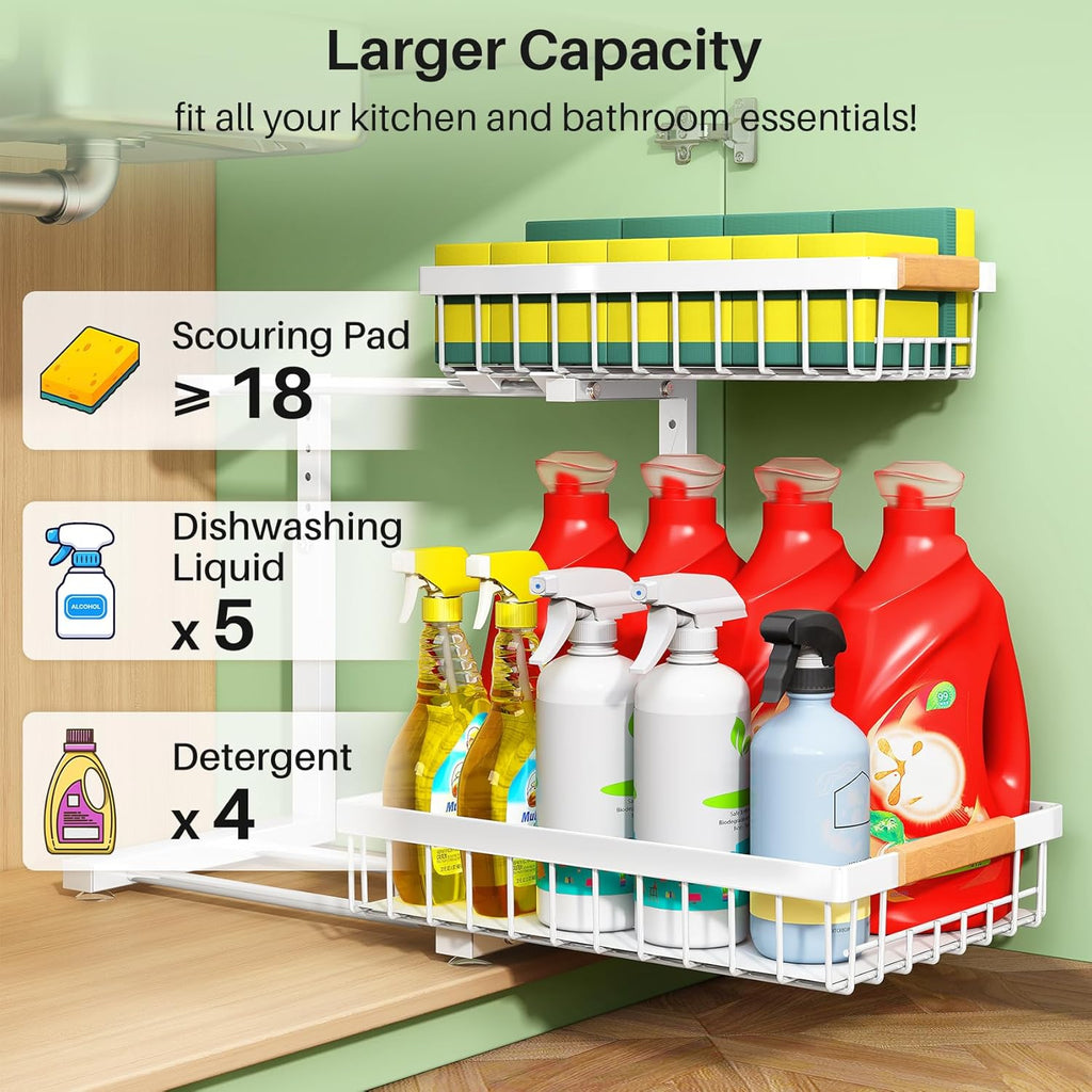 Under Sink Organizer, 2 Packs 2 Tier Under Sink Organizers and Storage, Slide out Pull out Cabinet Organizer Shelf, Metal Sliding Drawer for Kitchen Bathroom Pantry Closet Rack(White)