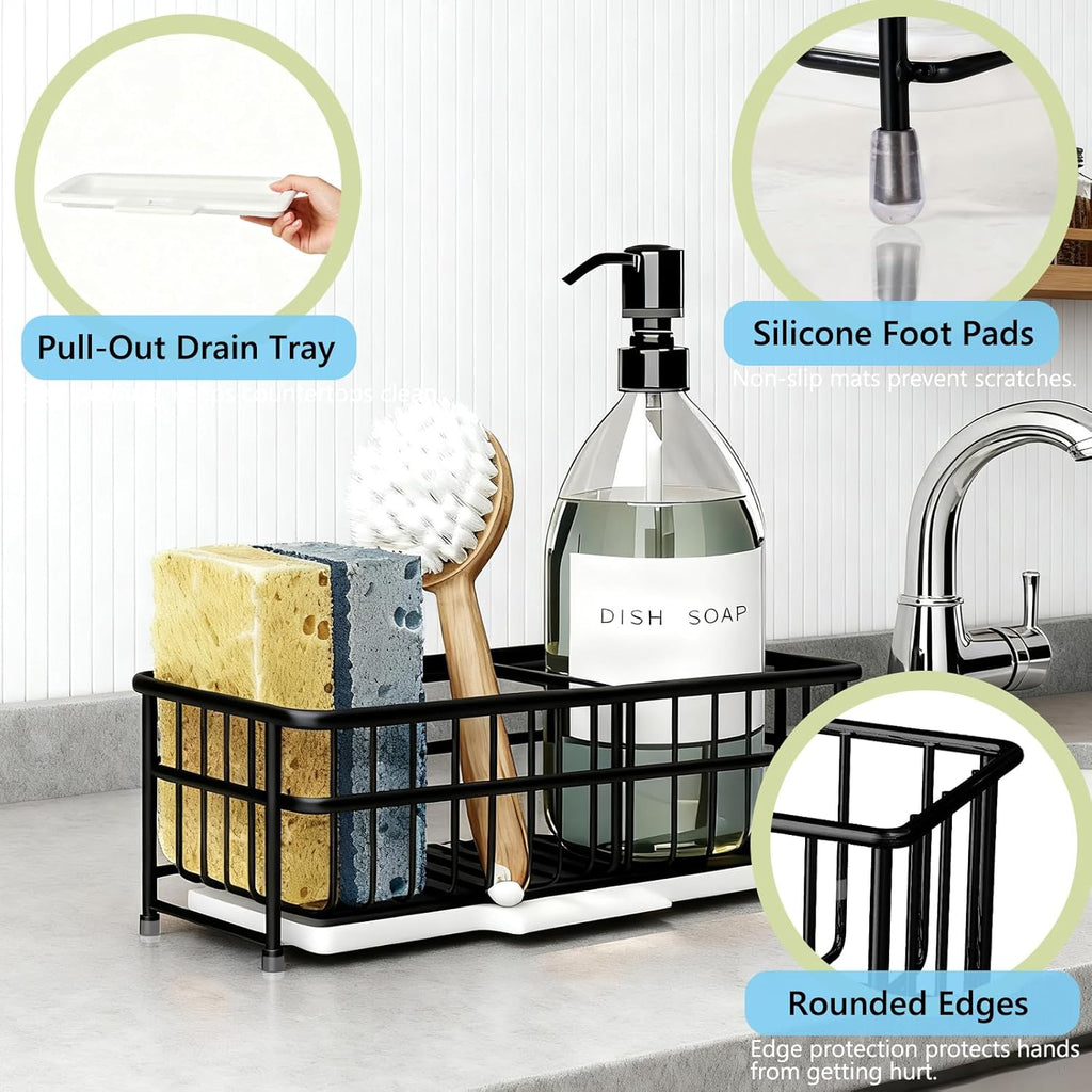 Kavciva Sink Caddy Sponge Holder,304 Stainless Steel Dish Brush Holder,Kitchen Countertop Sink Rack,Dish Soap Holder,Dishwashing Tool Drying Tray with Adjustable Partitions,Essential Kitchen Shelves