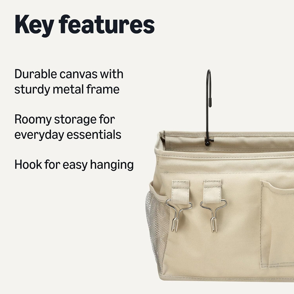 Amazon Basics Bedside Caddy Hanging Storage Organizer, 4.72 x 14.57 x 7.87 in, Linen, Dark Grey