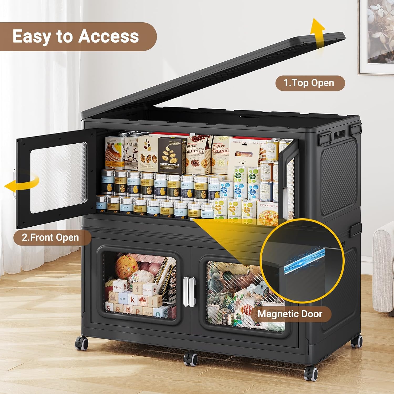 BROVIEW 880 Qt Stackable Storage Bin with Lid, 220Gal Extra Large Collapsible Storage Boxes, Folding Plastic Drawer, Heavy-Duty Store Cabinet, Closet Organizer for Home Kitchen, 4 Pack Black