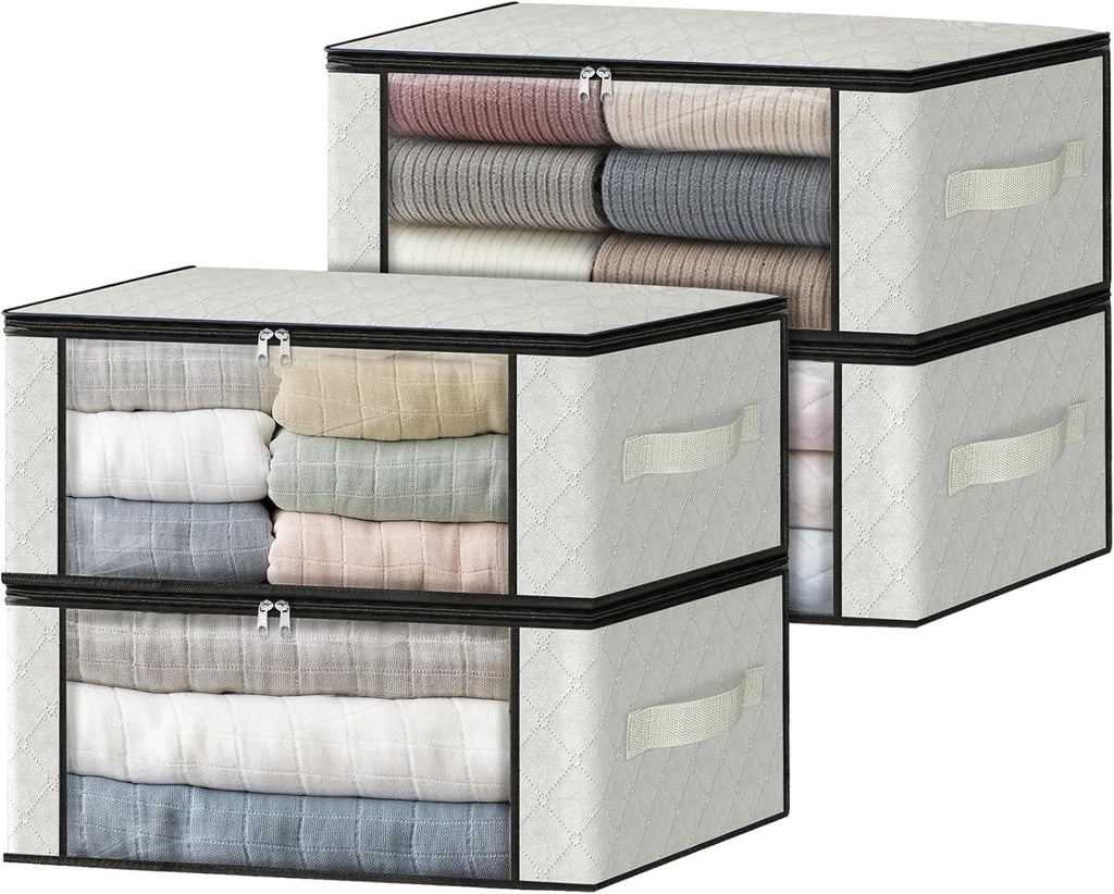 HomeHacks Storage 4-Pack Clothes Organizer Storage Bags Foldable Storage Box with Large Clear Window Sturdy Handles for Closet, Dorm, Pillows, Bedding, Clothes, Blankets, 35L, Ivory