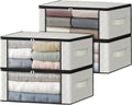 HomeHacks Storage 4-Pack Clothes Organizer Storage Bags Foldable Storage Box with Large Clear Window Sturdy Handles for Closet, Dorm, Pillows, Bedding, Clothes, Blankets, 35L, Ivory