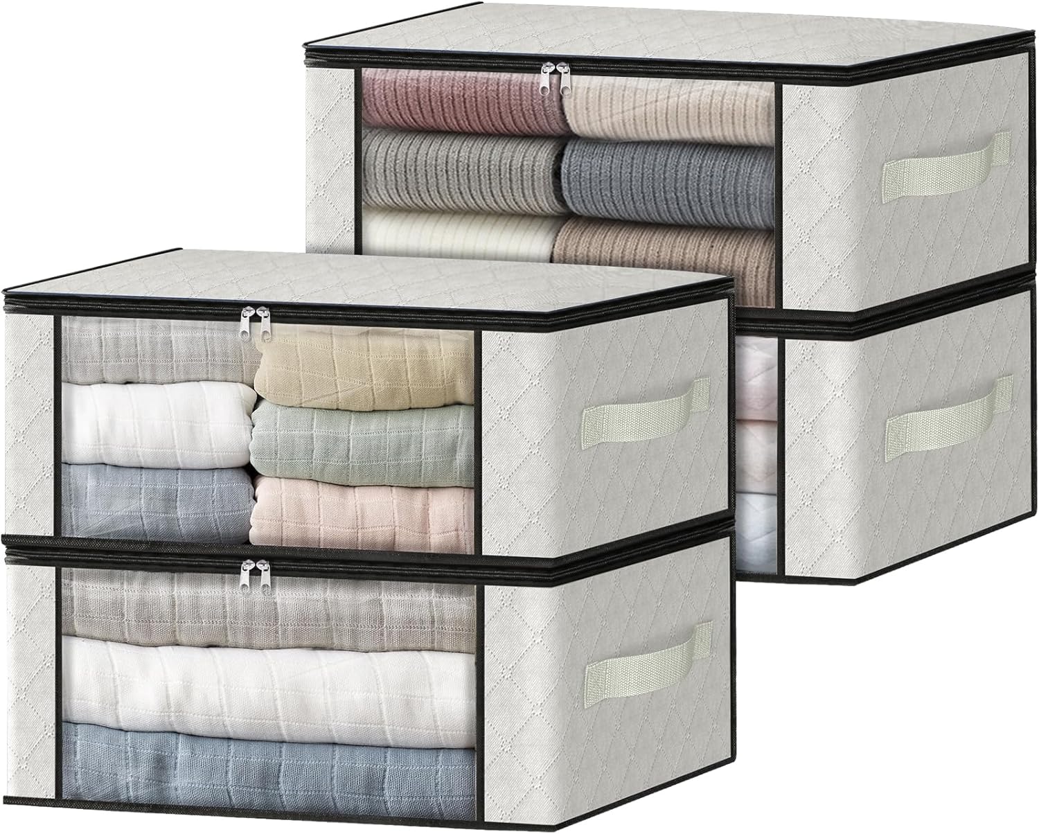 HomeHacks Storage 4-Pack Clothes Organizer Storage Bags Foldable Storage Box with Large Clear Window Sturdy Handles for Closet, Dorm, Pillows, Bedding, Clothes, Blankets, 35L, Ivory