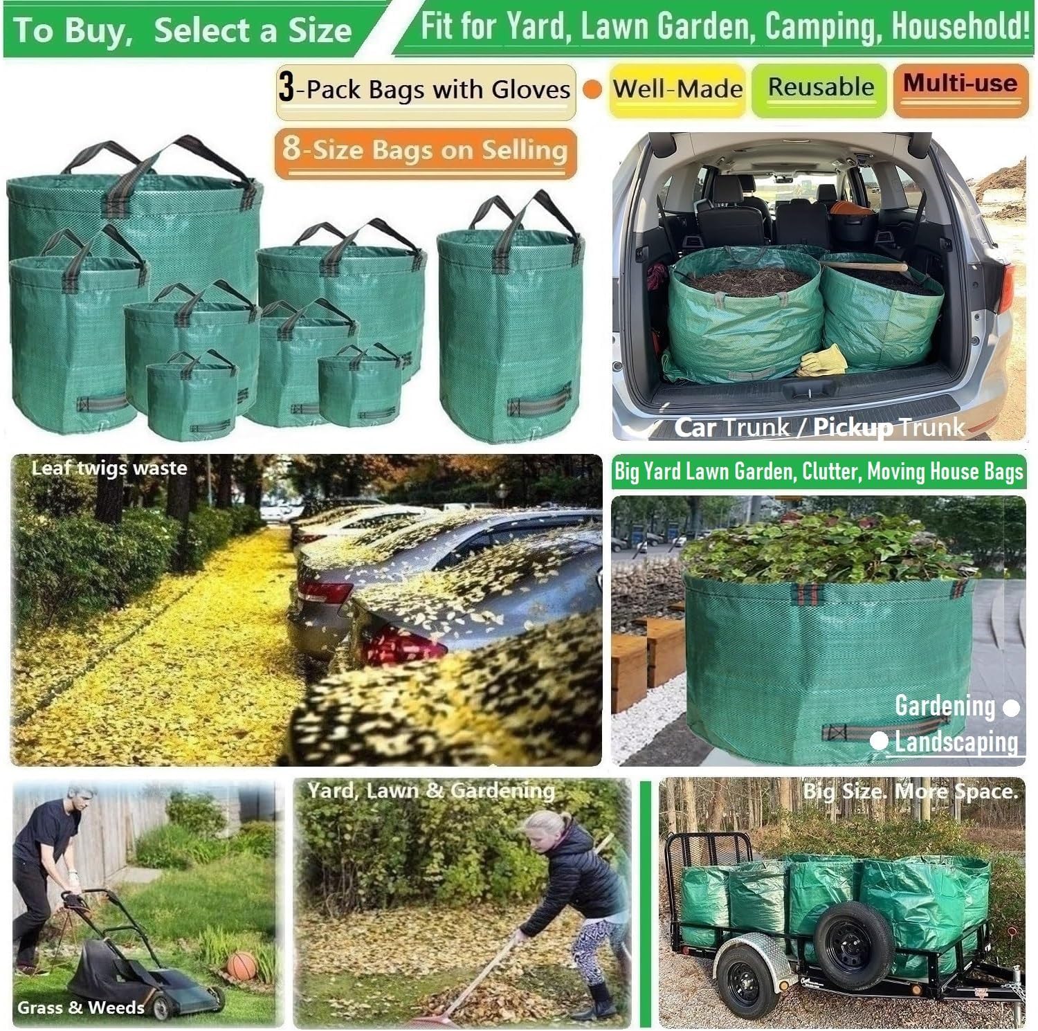 Professional 3-Pack 63 Gallons Lawn Garden Bags (D31, H19 inches) Reusable Yard Waste Bag with Gardening Gloves - Patio Standable Bag,Leaf Bag,Trash Containers,Plant Clippings Bag with 4 Handles