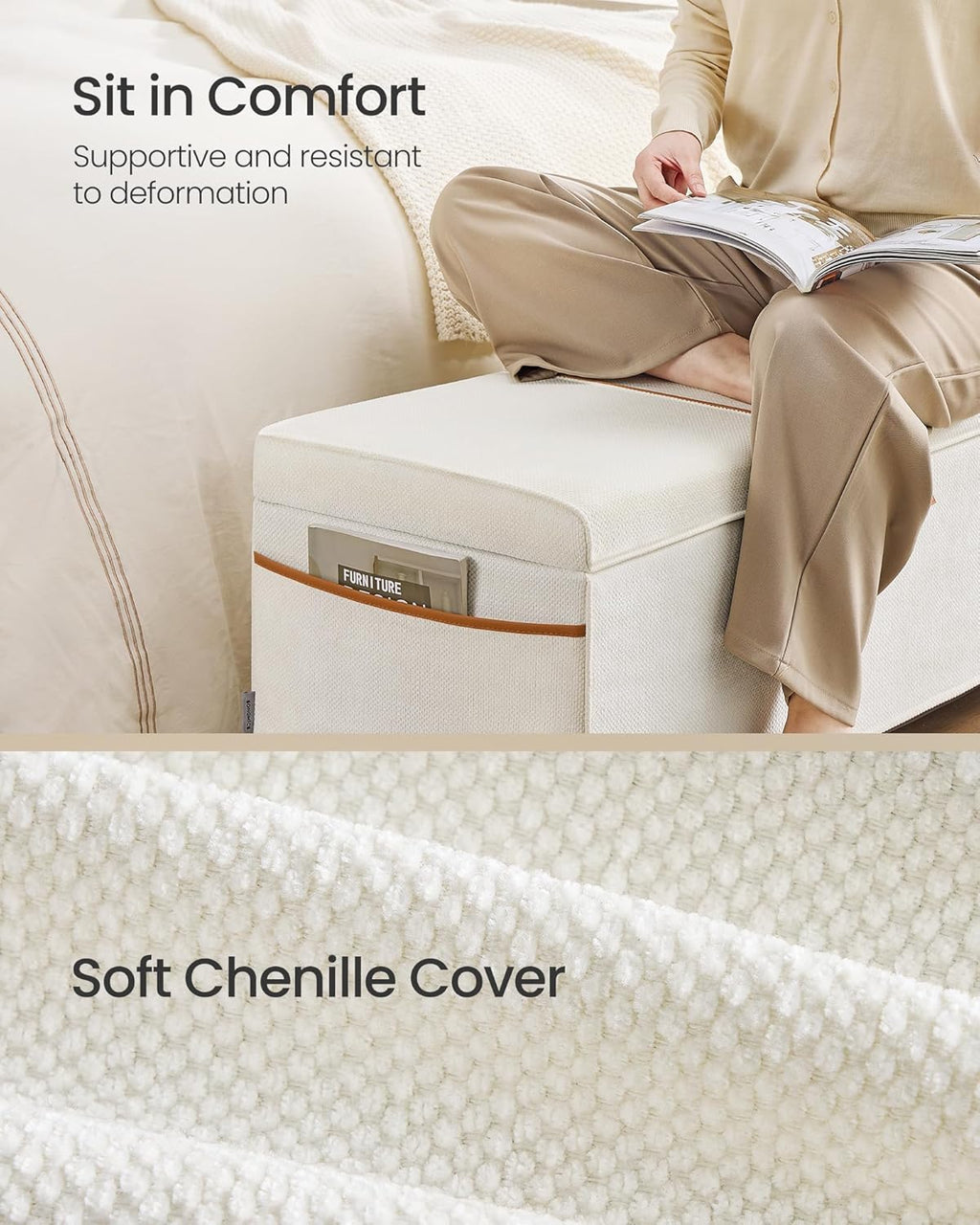 SONGMICS Storage Ottoman Bench, Storage Chest, 15.7 x 43.3 x 15.7 Inches, End of Bed Bench, 27 Gal. (103 L), for Bedroom, Entryway, Living Room, Cream White ULSF533W01