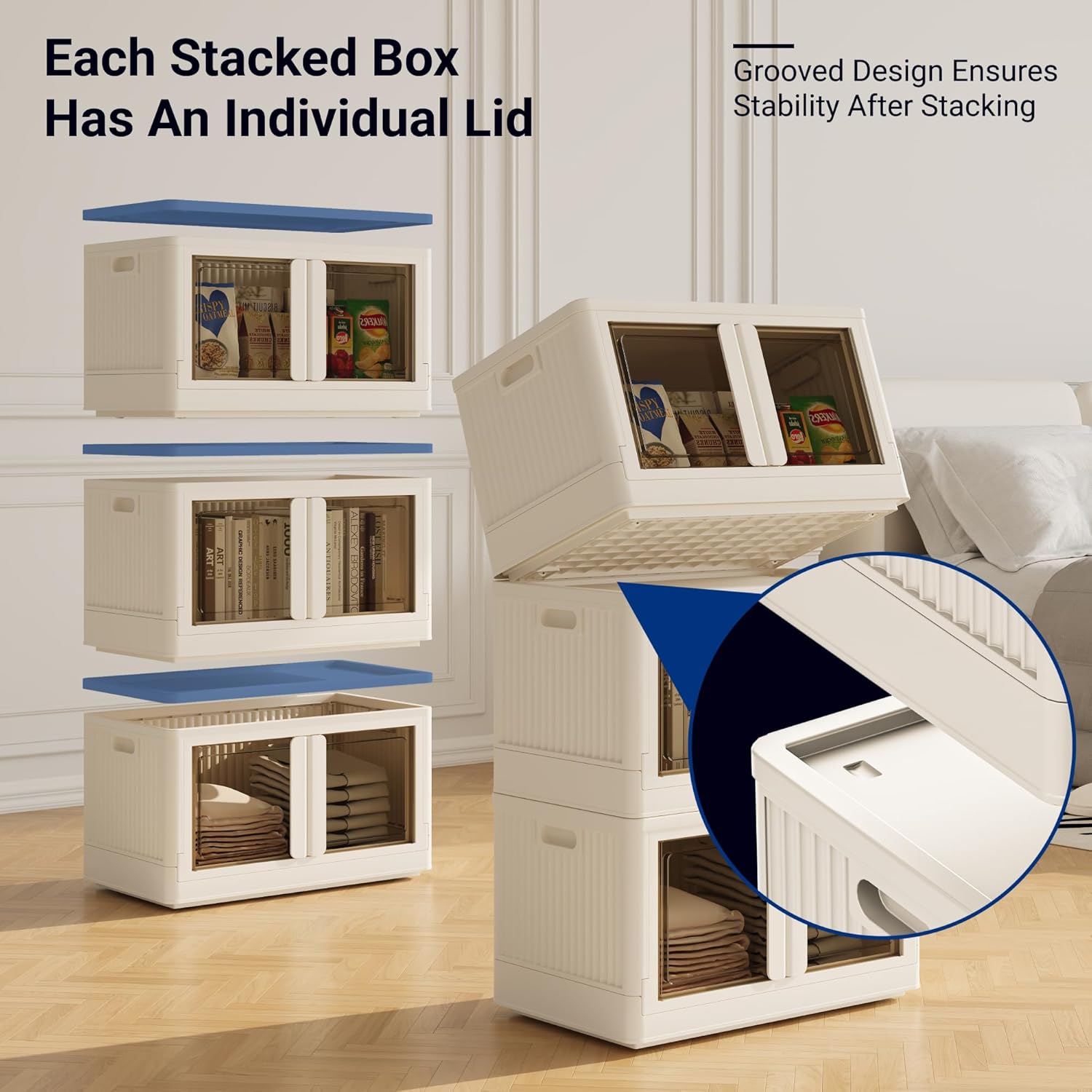 FLEXIMOUNTS 152 QT Stackable Storage Bins With Lids, Collapsible Plastic Storage Bins, Closet Organizers and Containers with Doors and Built-in Wheels For Home, 2 Pack Cubes, Milky White
