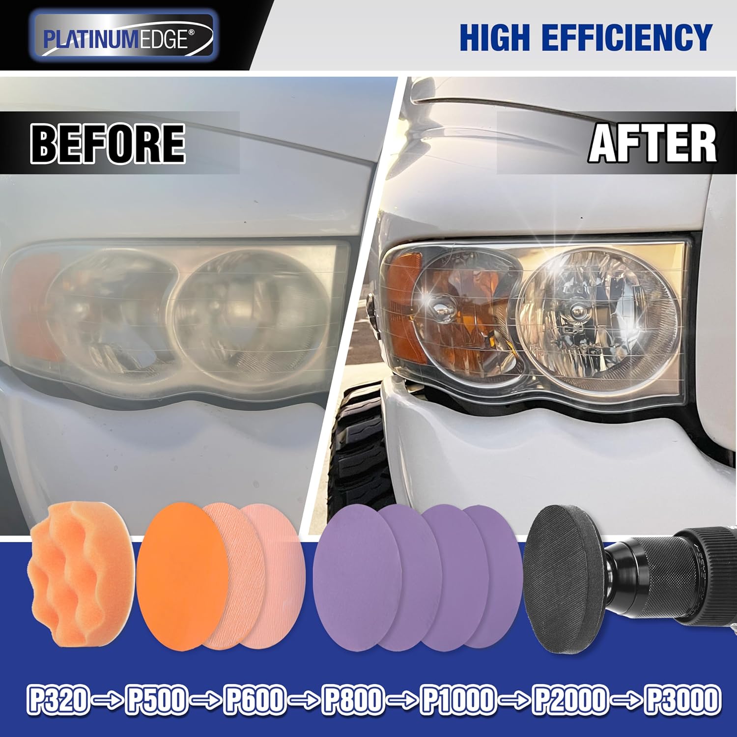 PLATINUMEDGE Car Headlight Restoration Kit, 3 inch Car Headlights Lens Polishing Sanding Discs with 3 inch Buffing Polish Pads for Drill, 30 Pc Car Headlight Restorer and Renewer Kit