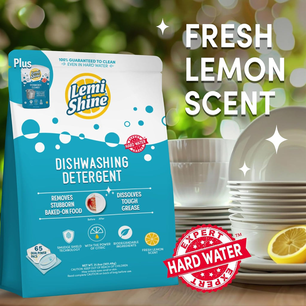 Lemi Shine Natural Dishwasher Detergent Pods with Dishwasher Cleaner Pouch - Eco Friendly Cleaning Supplies - 31.8 oz (65 Count)